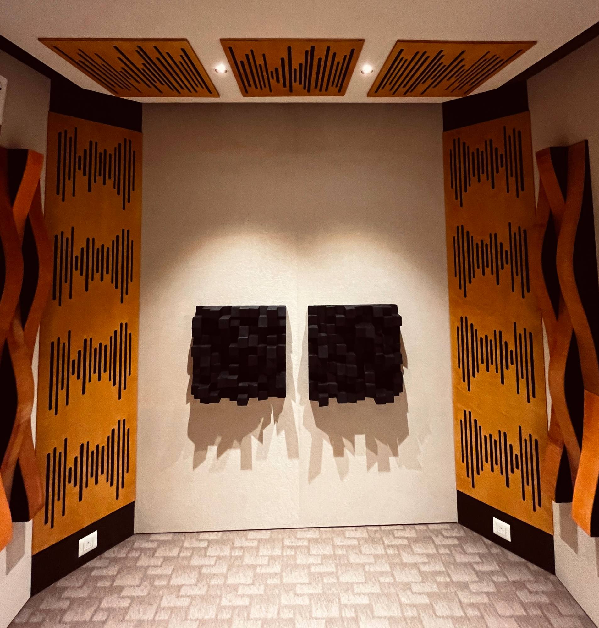 Acoustic treatment panels and diffusers inside the Swaralogy live room
